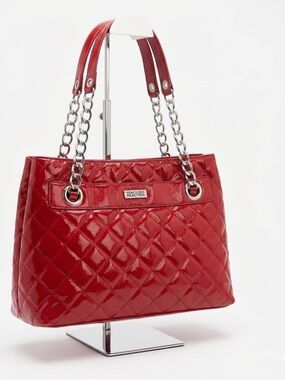 Kenneth Cole Reaction Red Quilted Patent Faux Leather Shoulder Bag Chain Strap